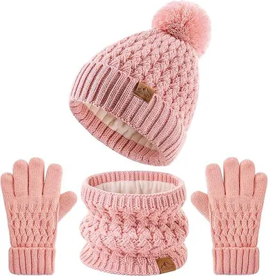 Immagine prodotto di Set invernale per bambini: berretto, sciarpa e guanti, caldo e confortevole, adatto a bambini dai 3 ai 9 anni, colore rosa