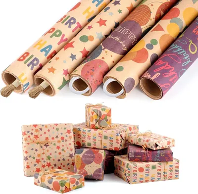Produktbild von Famanu Geschenkpapier 5 Rollen - 43 cm x 3 m - Kraftpapier mit Juteband und doppelseitigem Klebeband