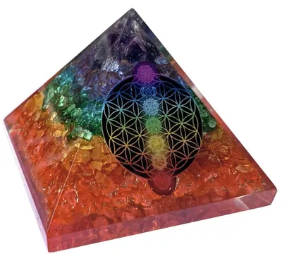 Produktbild von CHONIT Orgonit Pyramide Bunt Blume des Lebens Bergkristall 7,5 cm
