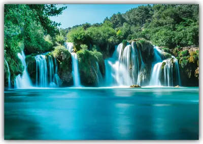 Produktbild von XXL Poster 100 x 70cm (F246) Wasserfall, Wasser fliesst in tiefblauen See (Lieferung gerollt!)