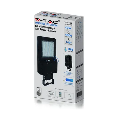 Immagine prodotto di V-TAC VT-ST42 armatura stradale led 40W con pannello solare 120LM/W sensore di movimento PIR e telecomando 4000K IP65 - sku 5503