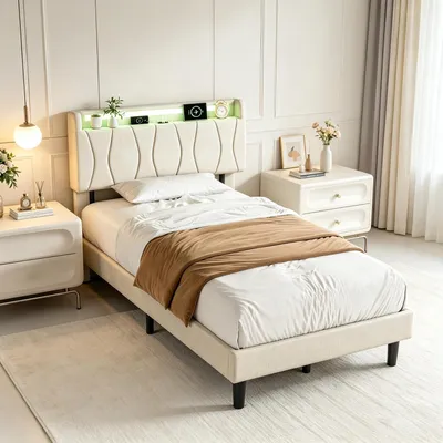 Immagine prodotto di Letto imbottito con boxspring INONEFT, dimensioni 90x200, con luci LED e stazione di ricarica. Letto con spazio contenitore sotto la struttura, ideale per ragazzi. Struttura del letto con rete a doghe, colore beige, tessuto in lino