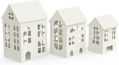 Produktbild von Set mit 3 dekorativen Häusern aus Metall, Laternen in Weiß, modernes Windlicht-Set für Haus, Garten und Terrasse