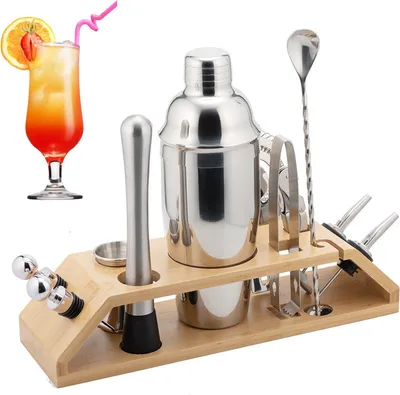Produktbild von Edelstahl-Mixer-Set, 12-teilig, trapezförmiger Bambusständer, 750 ml, Shaker, Cocktail-Shaker, Becher, Bar-Werkzeug