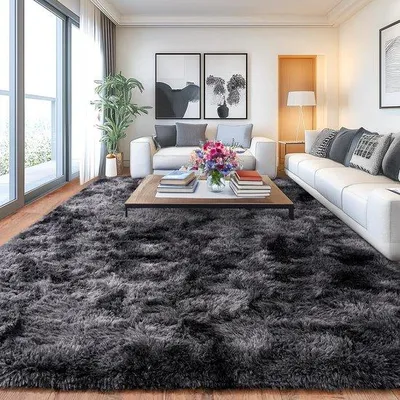 Zdjęcie produktu dla Dywani Unyqoos® o wysokim włosiu, 160 x 230 cm – wzór Batik, ciemnoszary, wykonany z poliestru, z warstwą pianki memory i antypoślizgową podkładką – miękki, idealny do salonu i sypialni