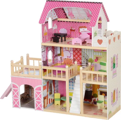 Produktbild von Puppenhaus, 3 Etagen, 13 Möbelstücke, Garage, Rutschen & Balkon, 114 x 32 x 92 cm, Rosa