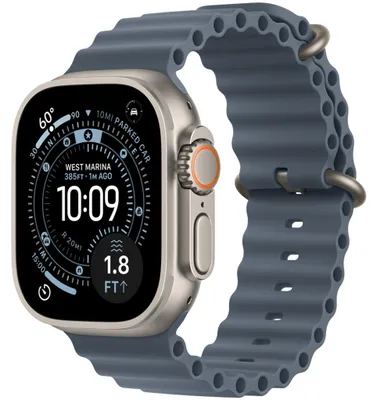 Zdjęcie produktu dla Apple Watch Ultra 3, model A3281, z GPS i łącznością komórkową, obudowa z tytanu naturalnego, pasek Ocean w kolorze Anchor Blue, 49 mm