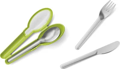 A set of cutlery including a spoon in a green case, a fork, and a knife, all on a white background.