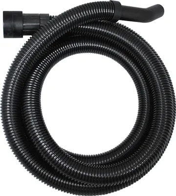 A black flexible hose coiled on a white background.