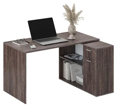 Produktbild von Eckschreibtisch 136x101x75 cm - Holztisch in L-Form für Computer, im Vintage-Stil, mit Schublade und Ablageflächen