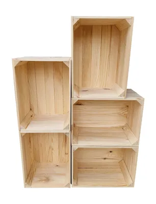 A stack of five wooden crates.