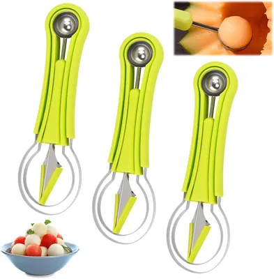 Produktbild von 3-in-1 Obstschneider aus Edelstahl mit Melonenschneider und Ausstecher-Set (Grün)