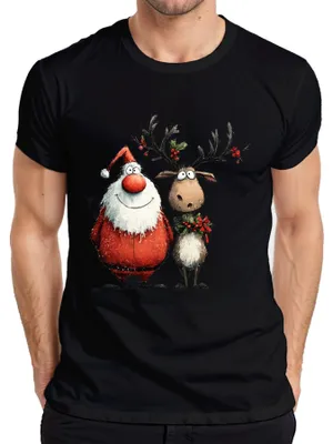 Immagine prodotto di Maglietta da uomo divertente con Babbo Natale e renna, Nero, XL