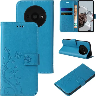 Produktbild von Handyhülle für Xiaomi Redmi A3 Floral Blumen Schmetterling Flip Cover Hülle Case Klapphülle Handytasche Farbe: Blau