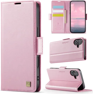 Produktbild von Lederhülle für iPhone 17, RFID Schutz Handyhülle mit Magnetverschluss, Kartenfächern und Ständer Pink