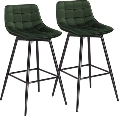 Two dark green bar stools with black metal legs are shown against a white background.
