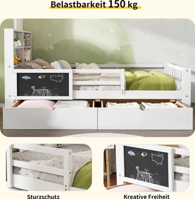 Produktbild von okwish Kinderbett Einzelbett 90x200cm mit 2 Schubladen und Tafel, Massivholzbett mit Stauraum des Kopfteil, Jugendbett mit Rausfallschutz(Ohne Matratze)- Weiß