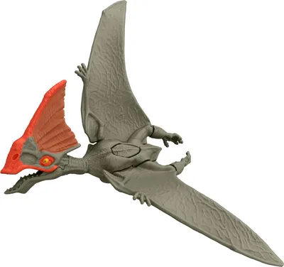 A toy dinosaur figure of a Tapejara in flight against a white background.