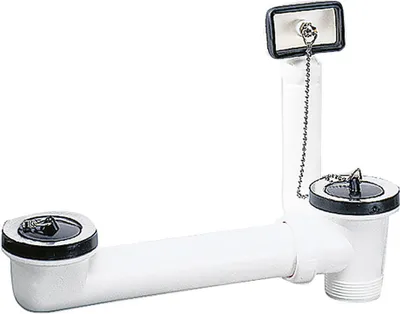 A white plumbing fixture with two drains and a connecting pipe.