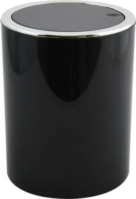 A black trash can with a silver rim and lid.