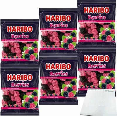 Produktbild von Haribo Berries die beliebten Himbeeren mit einem softem Geleekern und buntem Zuckerperlen-Überzug 6er Pack (6x175g Beutel) + usy Block