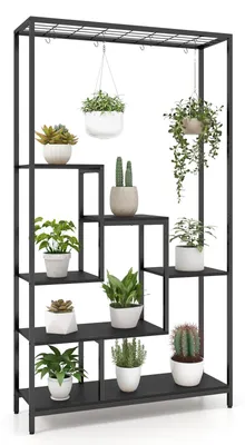 Productafbeelding van Plantenrek met 6 niveaus, 180 cm hoog, metalen bloemenrek met 10 S-haken en een roosterplank, geschikt voor balkon en woonkamer (zwart)