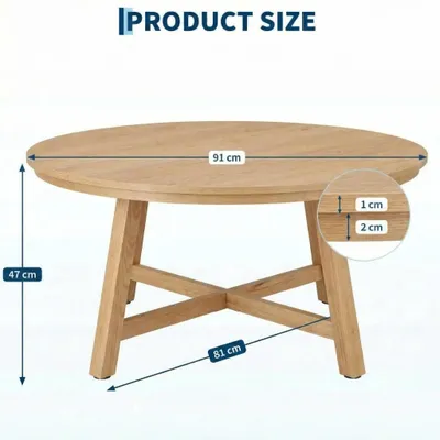 Obrázek produktu pro Moderní kulatý konferenční stolek – průměr 91 cm – konferenční stolek do obývacího pokoje – vzhled dřeva s robustními nohami – nastavitelné nožky – snadná montáž – barva dřeva