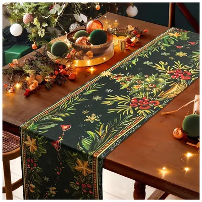 Obrázek produktu pro Běžná dekorace na stůl, Vánoce, 35x180 cm, lněná, zelená, omyvatelná, vánoční motiv