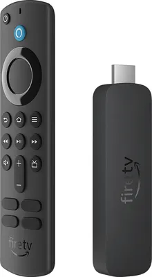 A black Fire TV Stick and its remote are displayed against a white background.
