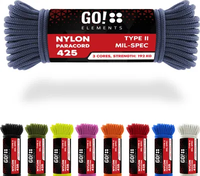Produktbild von GO!elements 15m Paracord Seil aus reißfestem Nylon - 3mm Paracord 425 Typ II max. 192kg - Schnüre als Outdoor Seil, Allzweckseil, Survival Seil, Armband, Hundeleine, Nylonschnur, Farbe: Grau-Blau