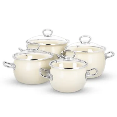 Produktbild von Kuketo | Topfset 8-teilig - cremefarben - emailliert, induktionsgeeignet, hygienisch, leicht zu reinigen