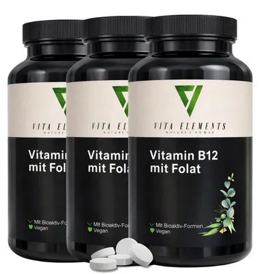 Productafbeelding van Vita Elements Vitamine B12 met Foliumzuur Set van 3 180 Tabletten Energiemetabolisme Voedingssupplement