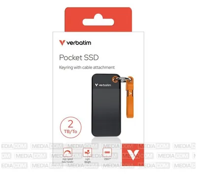 Produktbild von Verbatim Pocket SSD, 2 TB, USB Typ-C, 3.2 Gen 2 (3.1 Gen 2), 1000 MB/s, 10 Gbit/s, Schwarz, Orange
