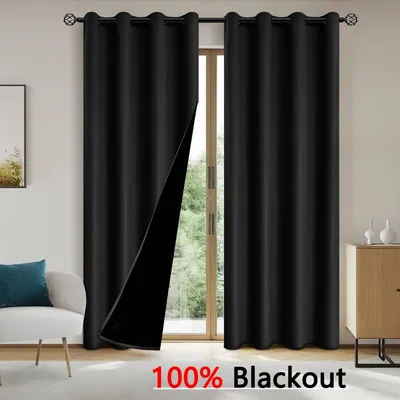 Immagine prodotto di Tende oscuranti, set di 2 pezzi - Tende a passanti per finestra - 100% oscuranti e anti-riflesso - Tessuto poliestere leggero - Design moderno, tinta unita - 132x213 cm - Colore: nero