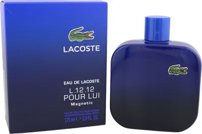 Lacoste L.12.12 Pour Lui Magnetic Eau de Toilette in dunkelblauer Flasche mit Krokodil-Logo, daneben passende blaue Verpackung.