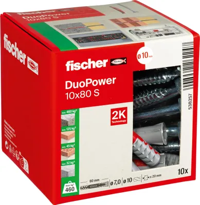 Obrázok produktu pre fischer DuoPower 10x80 mm zástrčka + šesťhranná bezpečnostná skrutka 7,0x107 SW13, 10 ks | 538257
