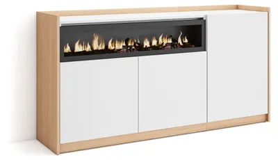 Produktbild von Sideboard, Highboard, 156x37x80cm, 3 Türen, Elektrokamin., Weiß und Eiche Soft