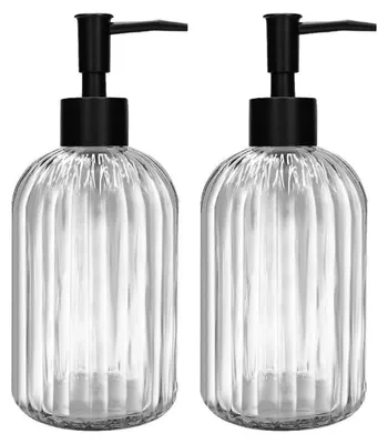 Obrázek produktu pro Sada dvou skleněných dávkovačů mýdla s černým pumpováním, objem 400 ml, vhodné do kuchyně i koupelny, barva bílá