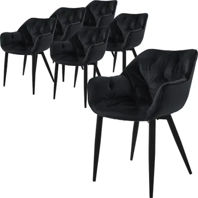 A set of six black velvet dining chairs with tufted backs and black legs are arranged on a white background. One chair is in the foreground, angled towards the viewer, while the other five are in the background, clustered together.
