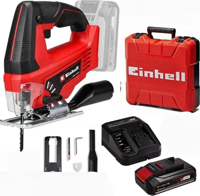 A collection of power tools and accessories, including a jigsaw, charger, battery, and a carrying case.