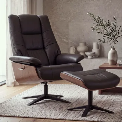 Productafbeelding van MCA Relax fauteuil + hocker HWC-N57, tv-fauteuil, ligfauteuil, hout, echt leer, bruin