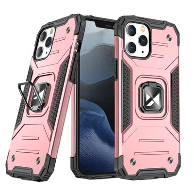 Two pink and black iPhone cases with ring holders are shown side-by-side against a white background.