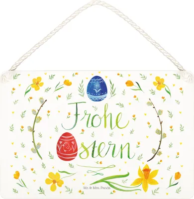 Produktbild von Mr. & Mrs. Panda Schild Ostern Frohe Ostern DIN A4 - Weiß - Geschenk, hängeschild, Türschild, Bemalte Ostereier, holzbild, Ostergrüße, wandhänger, kleine aufmerksamkeit