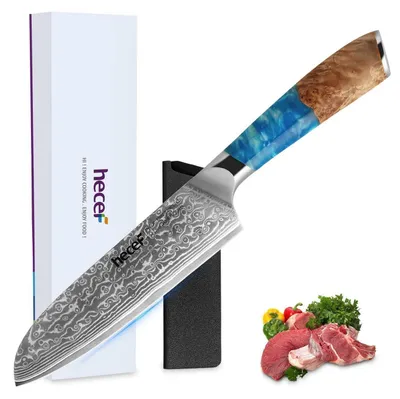 Obrázok produktu pre Santoku nôž, 18 cm, oceľ Damascená VG10, modrá farba, rukoväť z živice a prírodného dreva, ochrana čepele