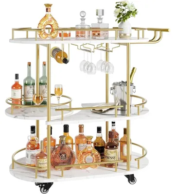 Image de Chariot de service - Chariot de cuisine sur roulettes - 4 étagères - Porte-bouteilles et porte-verres - Acier inoxydable - Idéal pour la cuisine, le salon et la salle à manger - Blanc