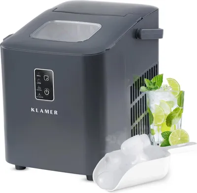 Produktbild von KLAMER Eiswürfelmaschine klein (2025), 8 Eiswürfel in 8 Minuten, 11 kg Eiswürfel pro Tag, 2 Eiswürfelgrößen, 1 L Wassertank, Geräuscharmer Eiswürfelbereiter mit Eisschaufel und Tragegriff
