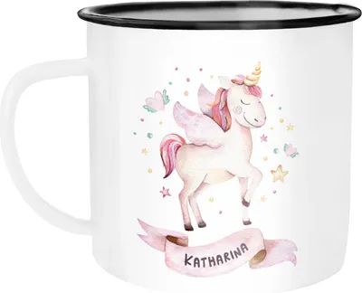 Produktbild von Emaille-Tasse mit Namen Einhorn Motiv Emaille-Becher personalisierte Geschenke Namensbecher Unicorn SpecialMe® weiß-schwarz Emailletasse