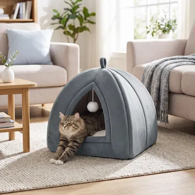 Produktbild von FEANDREA Katzenhöhle 2-in-1 Katzenbett mit Spielzeugball Waschbar 40 x 40 x 40 cm Grau