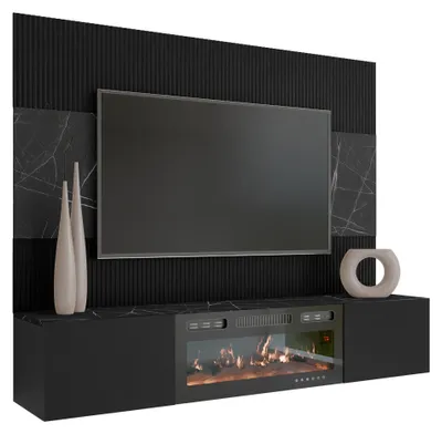 Produktbild von MIRJAN24 Wohnwand Deromi III, Wohnzimmer Möbel Set, Mit Kamin, Griffloses Öffnungssystem push to open, 2er-Set (Farbe: Schwarz / Schwarz + Schwarz Marmor)