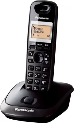 A black Panasonic cordless phone on its charging base, shown against a white background.